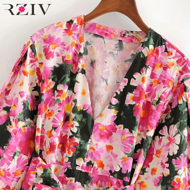 RZIV النساء عارضة فستان صيفي زهرة طباعة القوس الديكور الخامس الرقبة طويلة الأكمام اللباس Vestidos