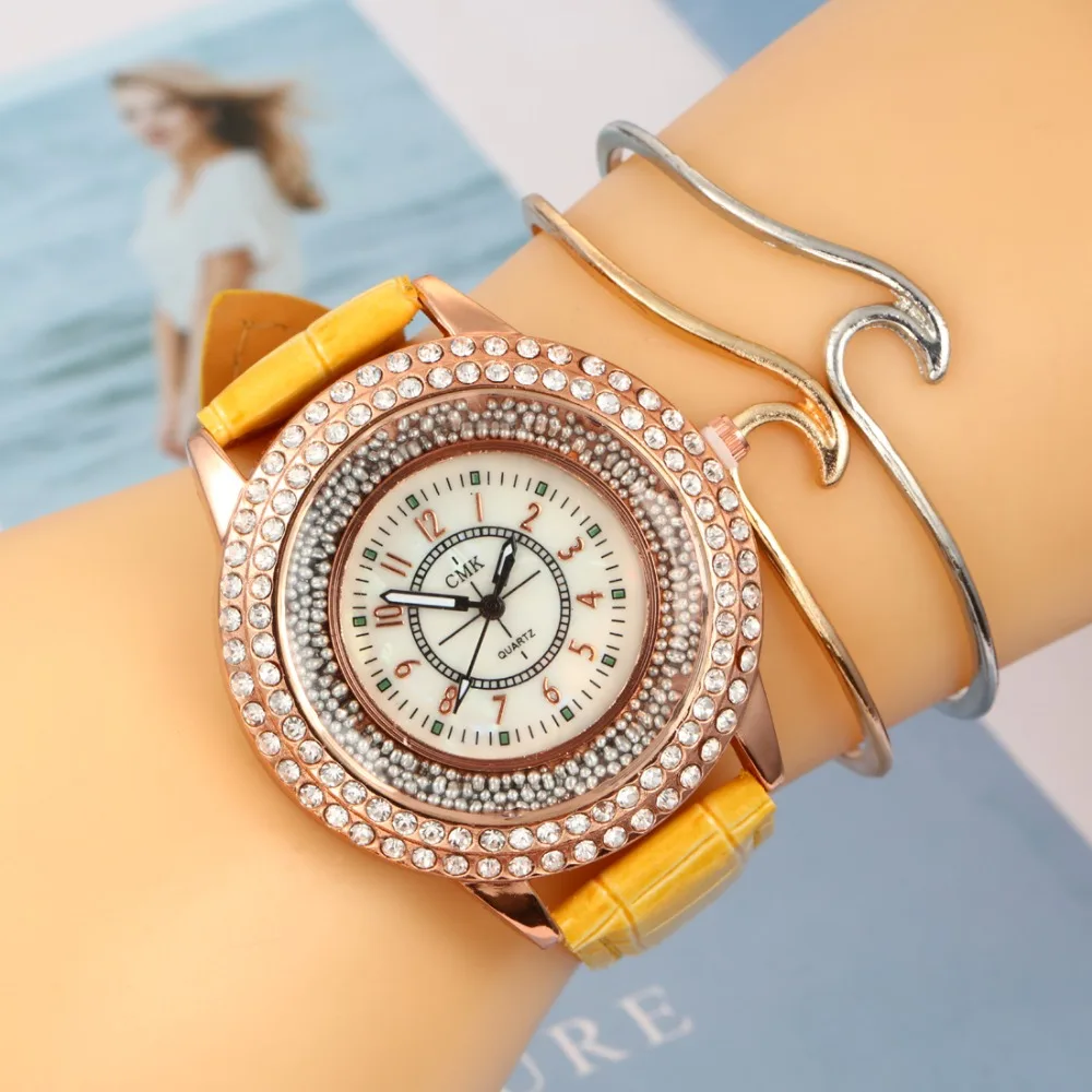 

Hesiod Fashion Leather Strap Watches for Women Business Crystal Quartz Bracelet Wristwatch Beads Dial Party Watches Charm