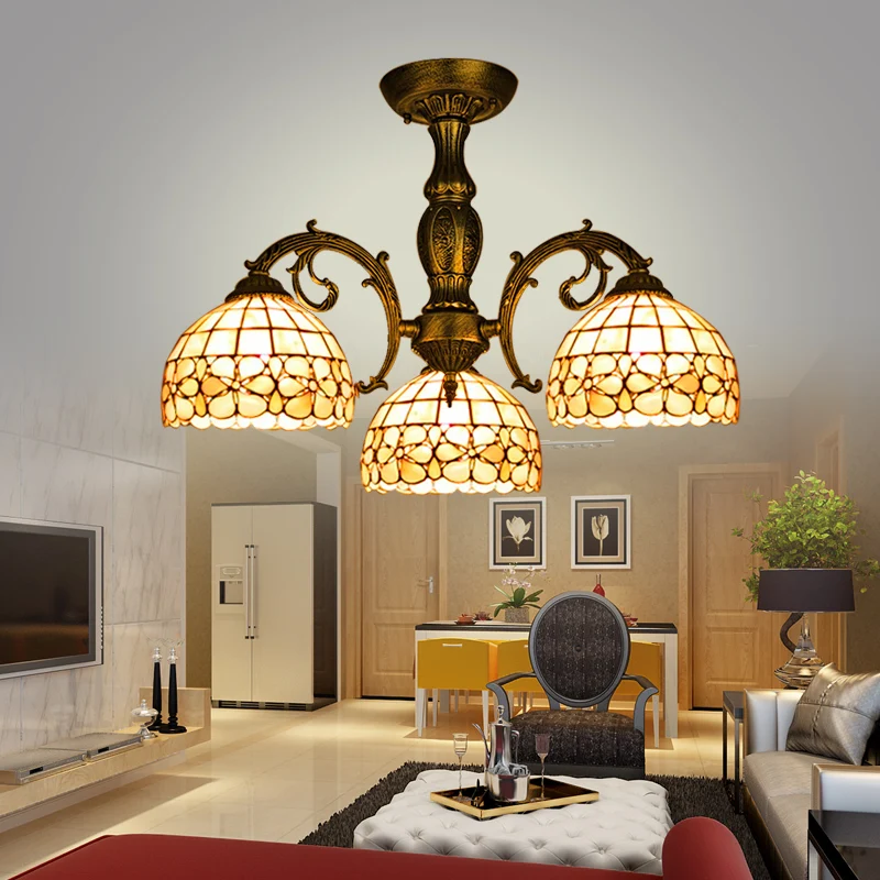 

Vintage 8" 3 Bulbs Zinc Alloy Mediterranean Sea LED Tiffany lustres shell lamp for home retro restaurant chandelier bedroom