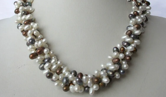 

ddh003097 4strands 5mm baroque white black freshwater cultured pearl necklace