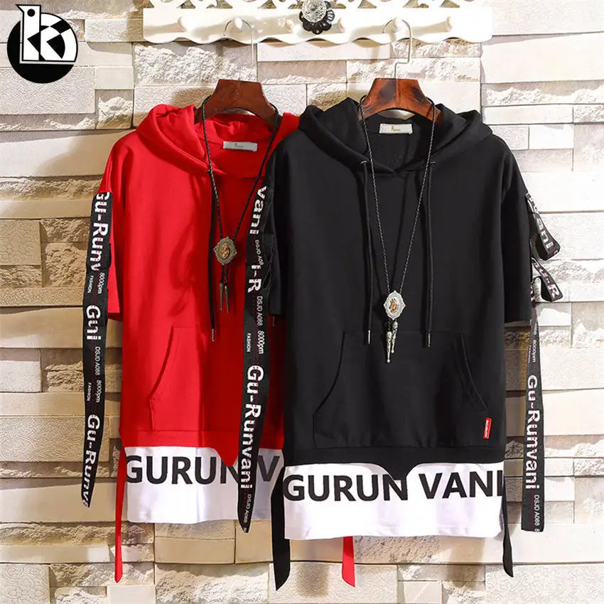 

2019 Summer New Streamer Decoration Loose Sweatshirt Men Fashion Casual Trend Brand Letter Print Hem Short Sleeve Hoodies Mens