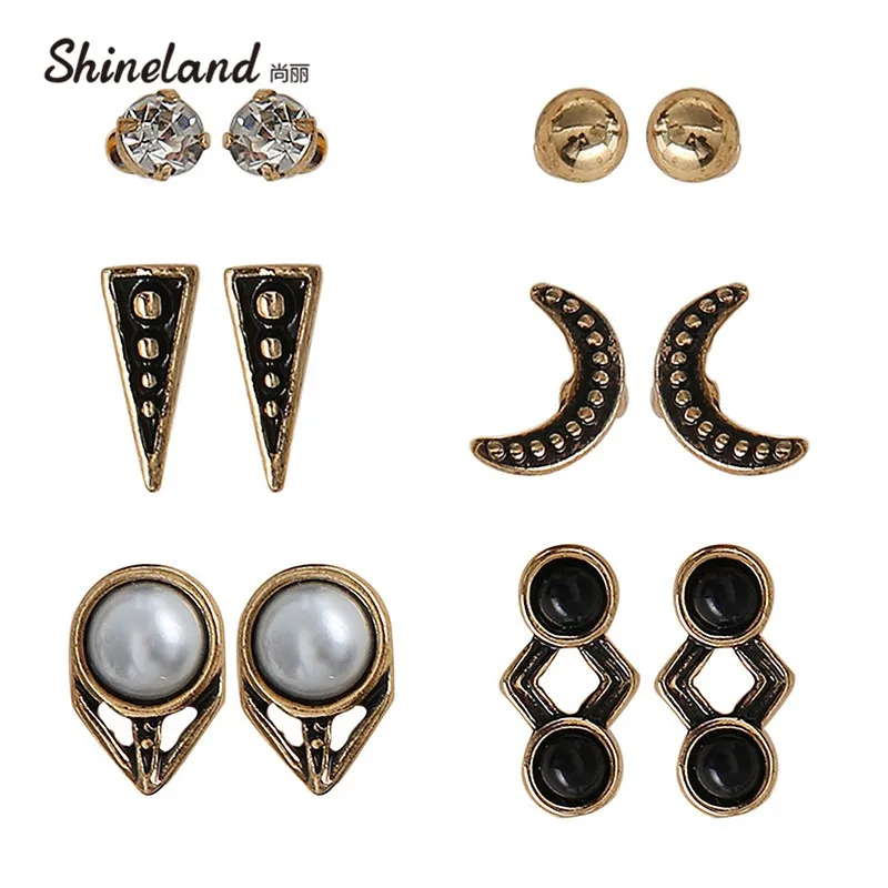 

Big Sale Personality Vintage Pearl Arrow Statement Earrings Resin Crystal Moon Triangel Shape Stud Earrings For Women 6 Pair/Set
