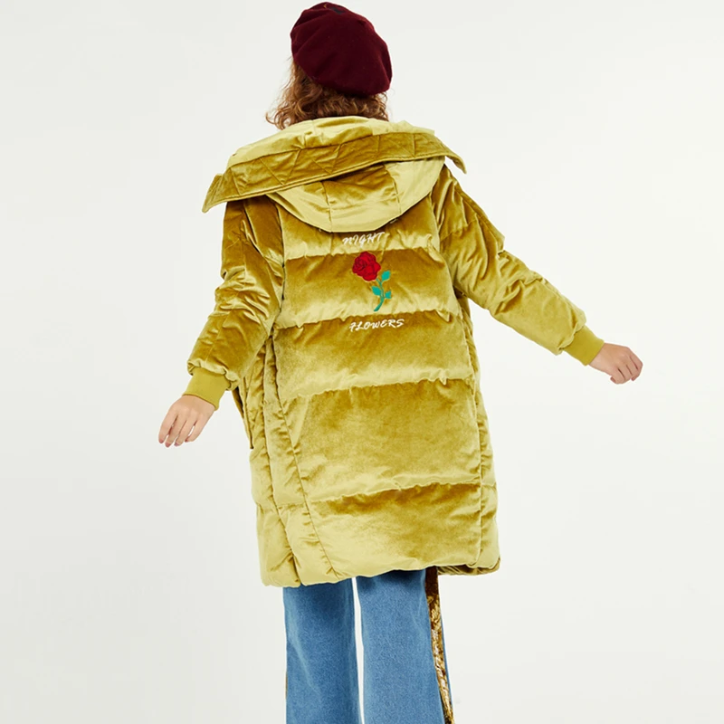 Vers 2017 À Capuchon Lettre Velours Au Yellow Chaud Bas Jq235 Broderie Épaissir Le Garder Robes Mode Femme Hiver Nouveau Rose Veste Lady Poches zqw84vzr