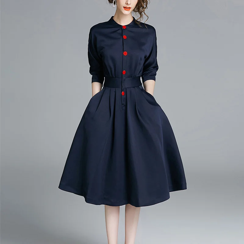 

Ladies Spring Three-quarter Sleeves Waist Slim Shirt Dress