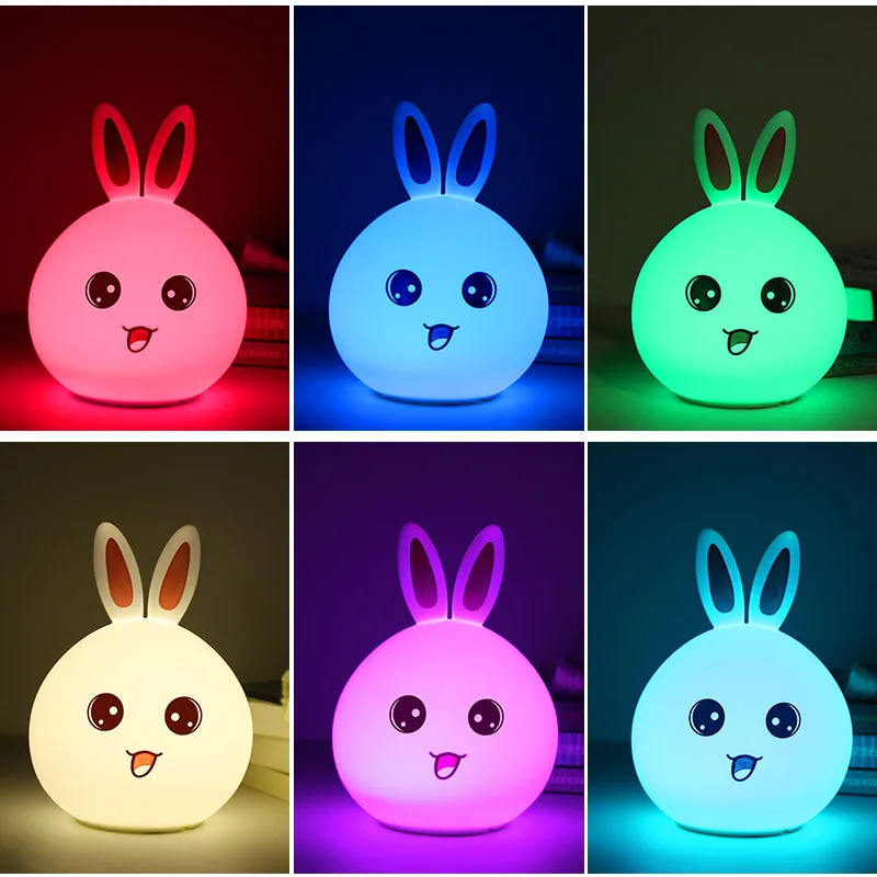Подарок на Новый год милый кролик светодиодный ночник RGB многоцветный Силиконовые сенсорный Сенсор для детей Детские ночники Управление