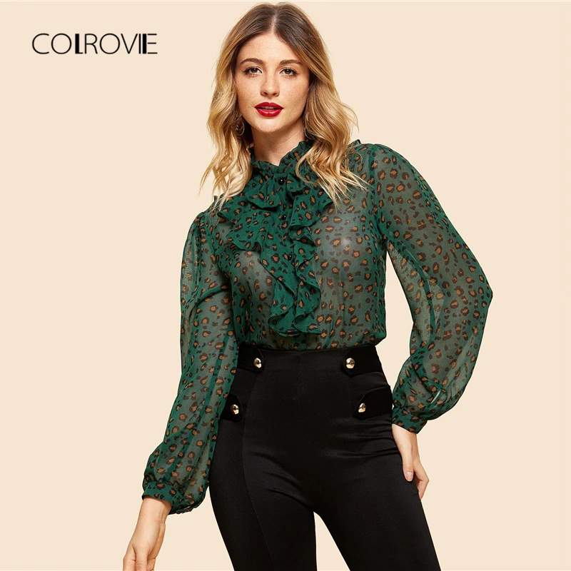 COLROVIE Green Leopard Print Ruffle Elegant Vintage Feminine Blouse Shirt 2018 Sexy Long Sleeve Blouse Women Tops And Blouses