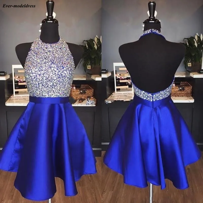 Royal Blue Sparkly Graduation Dresses Halter Backless Beading Short Homecoming Party Dresses vestido de formatura