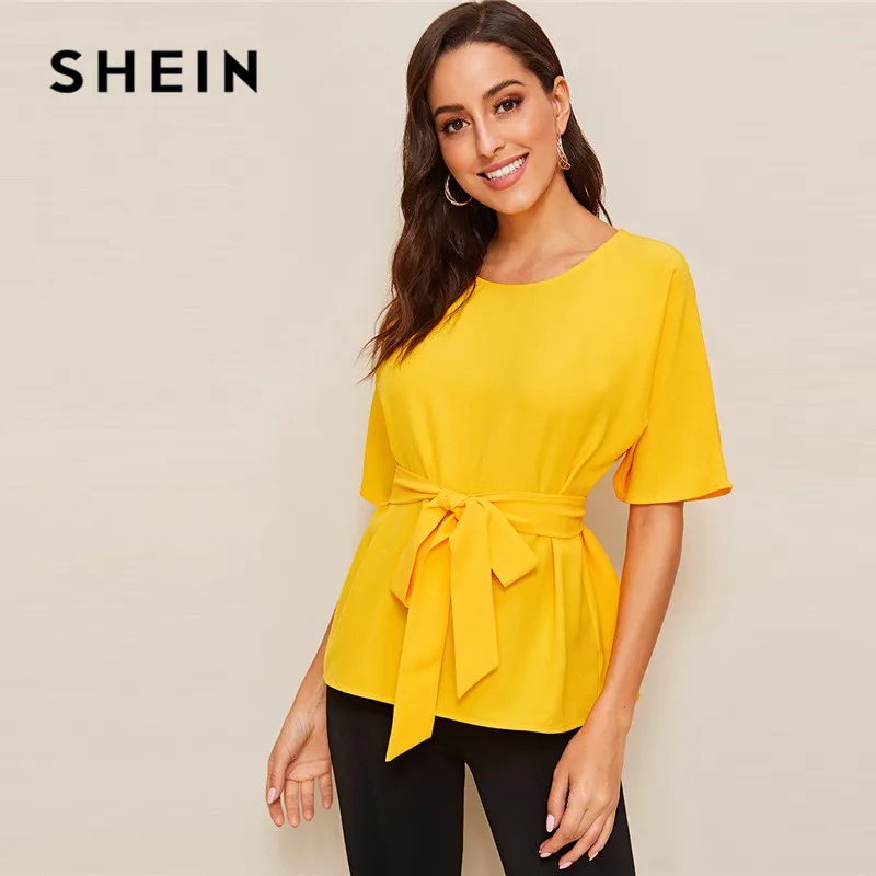 SHEIN Bright Yellow Half Sleeve Self Belted Blouse Women Tops Summer