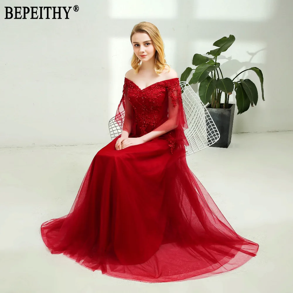 BEPEITHY дизайн vestido de festa с коротким рукавом и аппликацией из бисера тюль с v-образным вырезом винные Вечерние платья Длинные