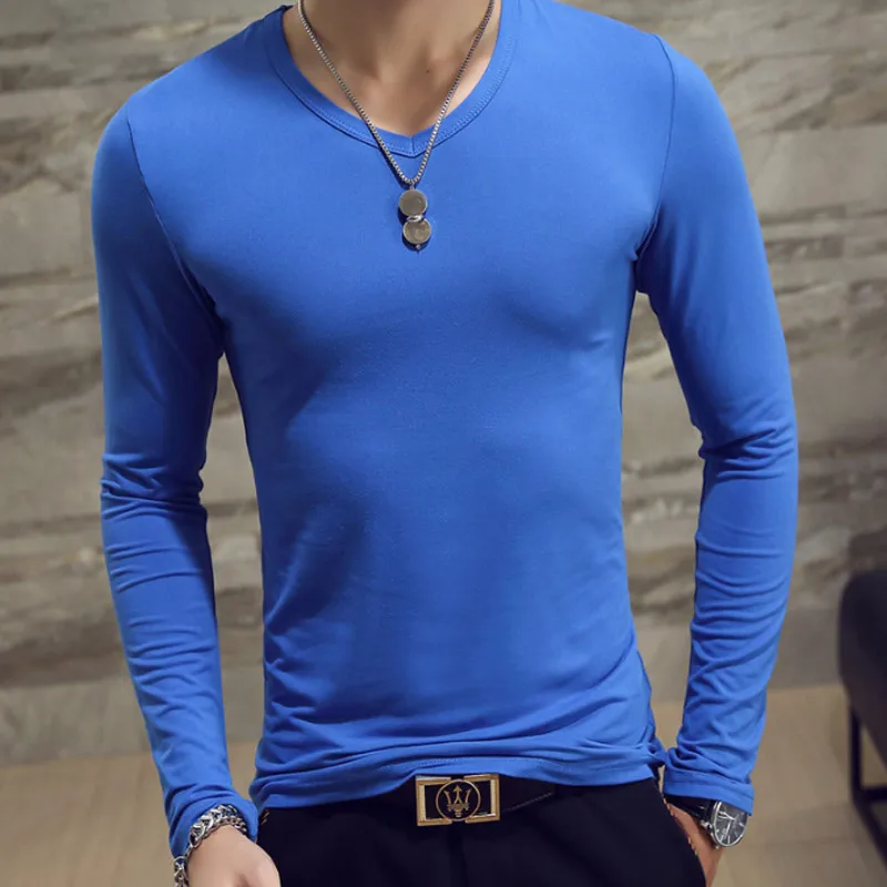 light blue Мужские осенние футболки с длинными рукавами, пуловер с v-образным вырезом, приталенный Повседневный минималистичный Мужской Топ, SSA-19ING - Цвет: light blue