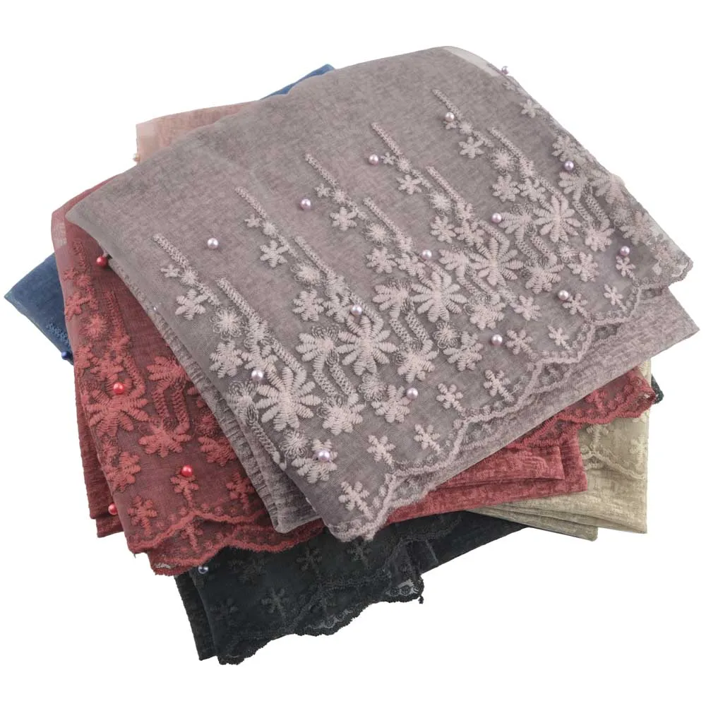 

Cotton lace hijab with pearls,Cotton head scarf wrap,flower embroidery islamic scarf beads,Muslim hijab,floral lace shawl,cape