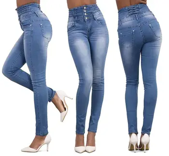 

Thin Waist Elegant Jeans Women Winter Four Button Tighten Up Waist Design High Waist Thicken Skinny Women Pencil Slim Jeans XXL