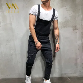 

Fashion Mens Jeans Loose Denim Jumpsuits Loose Pants Bib Overalls For Male Multi Pockets Washed Distressed Jean
