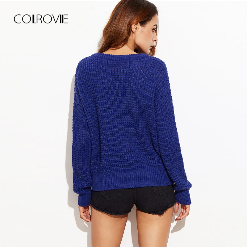 COLROVIE синий с открытыми плечами корейский вафельный Зимний вязаный свитер женская одежда модный осенний пуловер Джемпер женские свитера