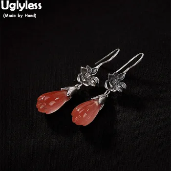 

Uglyless Vintage Thai Silver Handmade Lotus Earrings for Women Natural Red Agate Magnolia Earrings Solid 925 Silver Flower Jewel