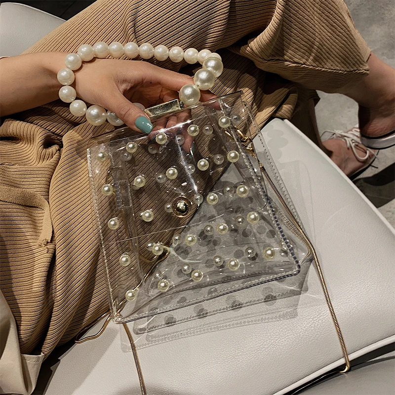 Summer small bag handbags new 2019 chain bag shoulder Messenger bag transparent portable pearl bag wild ins
