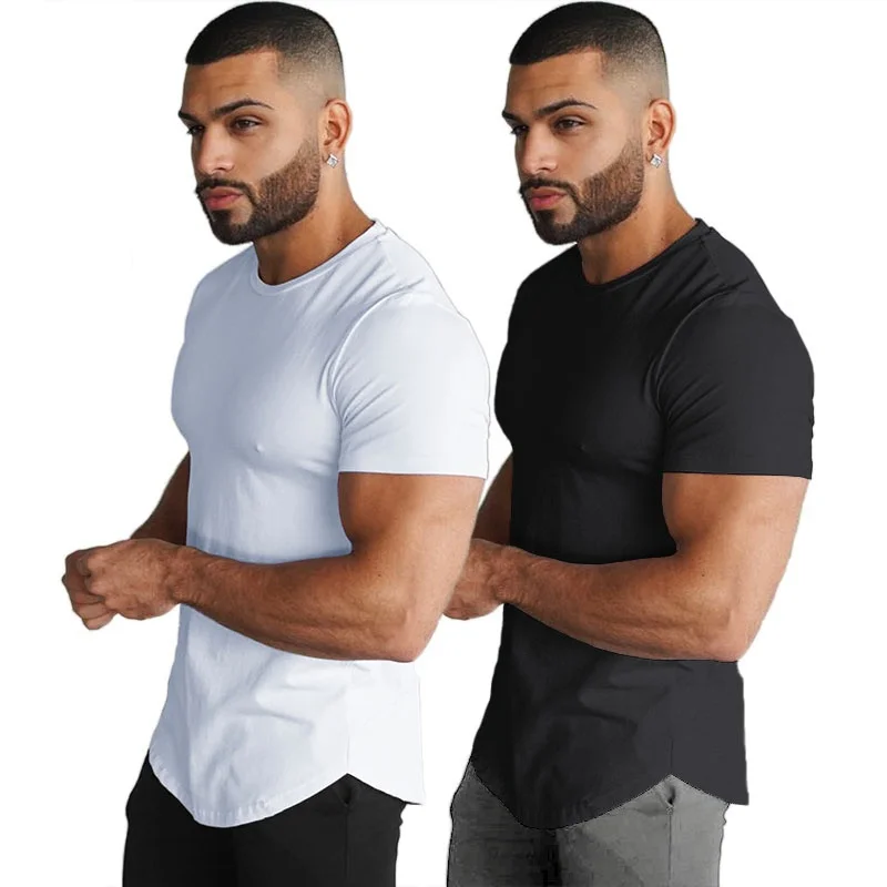 

OA 2 Pack New Men's Muscle Fit Longline Short Sleeve Sweat T-shirts Gyms Super Extreme Tops Breathable Stretch Tee jersey