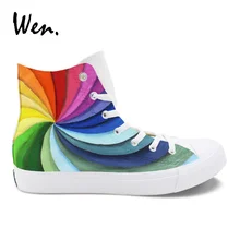 Вэнь красочные вулканизированные туфли Радуга вихревой ручная роспись холщовая Обувь Кеды мужские высокие женские кроссовки шнуровка плоские плимсоллы