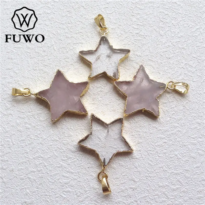 Женский кулон в форме пентаграммы FUWO резной из розового кварца с позолоченным
