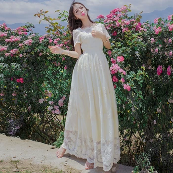 

2020 Women Summer Square Collar Lace Maxi Dress Female See Through Hollow Out Dresses Lady Boho Beach Casual Long Veatidos Z485