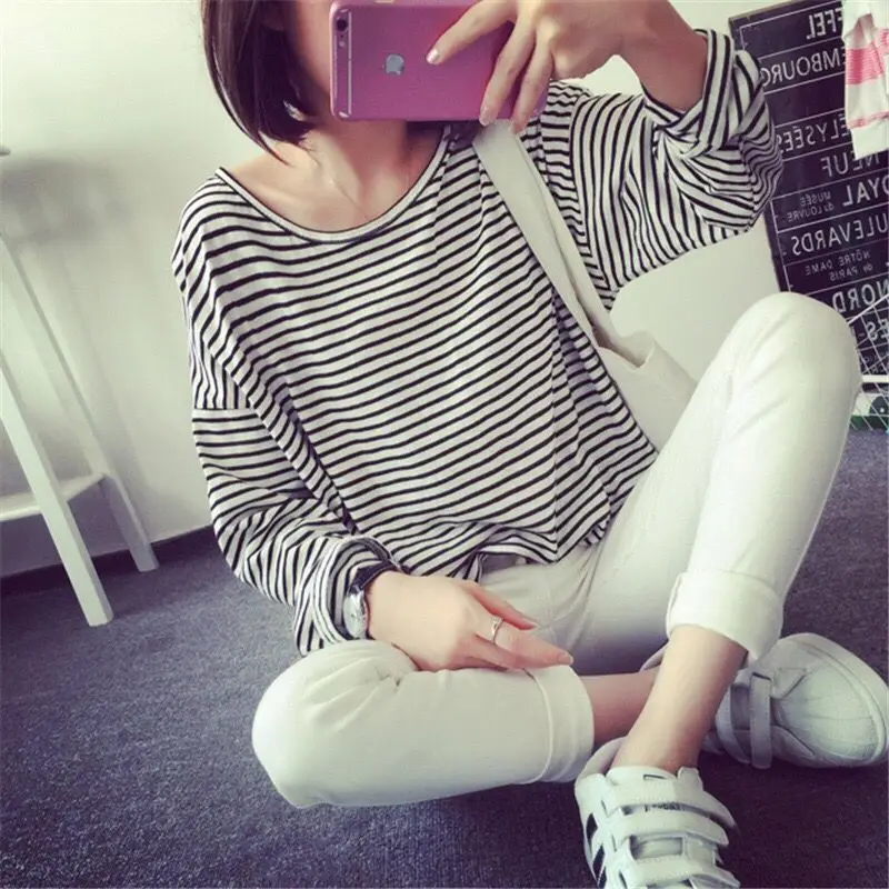 المتناثرة Ulzzang الفتيات شريط المطبوعة تي شيرت 2019 الصيف جديد المرأة عارضة فضفاض كاملة كم تيز سيدة قمم فام زائد حجم