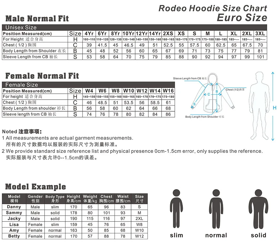 003 Rodeo Hoodie Size Chart M002W002