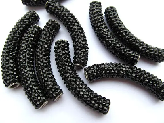 

20pcs 40mm black Jet Pave Micro crystal rhinestone polymer clay Crystal Connector Bar Tube Curved finding bracelet connector