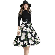Runway Dresses 2018 Women High Quality Pladi Floral Print Black Knitted A Line Dress Ethnic Spring