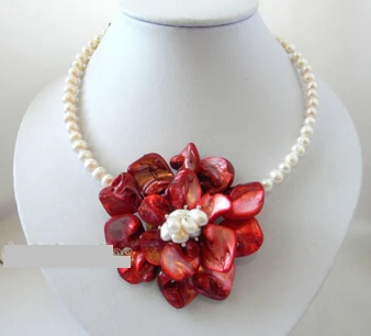 

ddh001819 Handmade 70mm Red Shell Flower White Freshwater Pearl Necklace