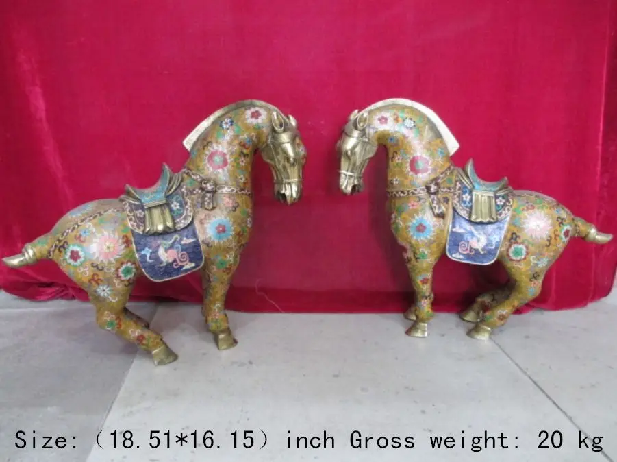 

18.51 inch/Chinese hand-painted copper colored enamel a pair of horses