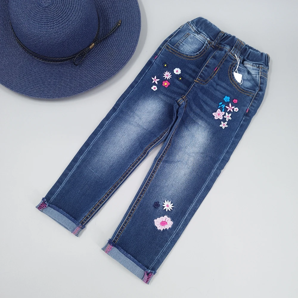 

4-15T Kids Jeans For Teenage Girls Pants Children Denim Trousers Blue Stretch Embroidery Flowers Teen Clothes Spring Clothing