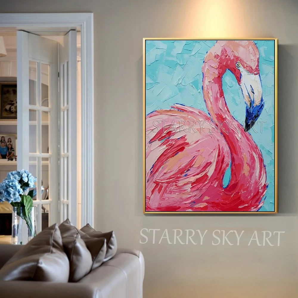 美しいウォールアート手描き高品質パレットナイフ鳥フラミンゴ油絵動物フラミンゴ絵画 絵画 書道 Aliexpress
