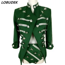 Куртка+ шапка+ Шорты) леди Зеленый Военная форма наборы клуб танцевальная команда этап наряд бар вечерние певица фотография сексуальный костюм