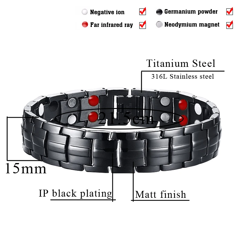 Hottime Double Row Black Gun Plated Men Health Magnetic Bracelet Titanium Steel Bracelets For Man Magnet Energy Armband 10142