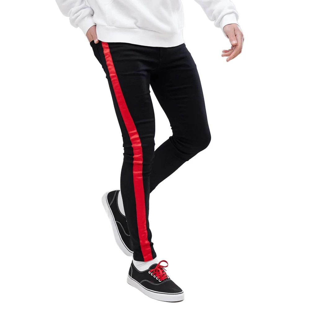 Мужские боковые белые и черные полосы обтягивающие Модные Повседневные джинсы-карандаши V1207-002 - Цвет: Red Stripe