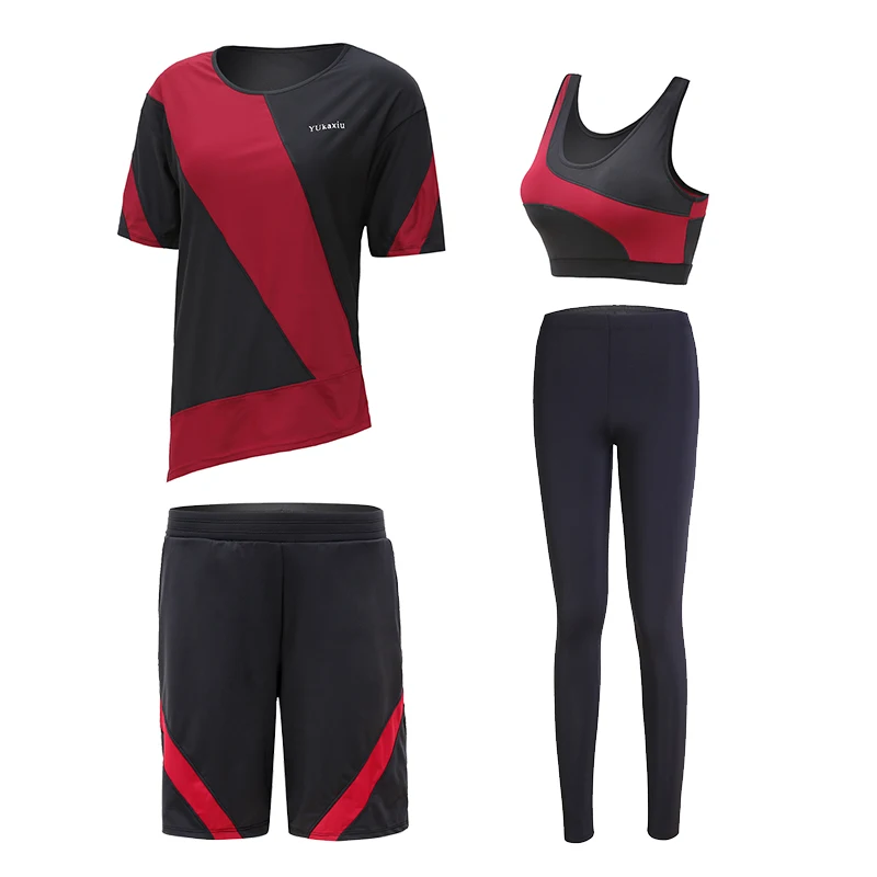 

Fitness Women 4 in 1 Yoga Set Yoga Bra & Yoga Pants & Shorts & T-Shirts Patchwork Gym Clothes Sport Wear Running Outdoor Jog