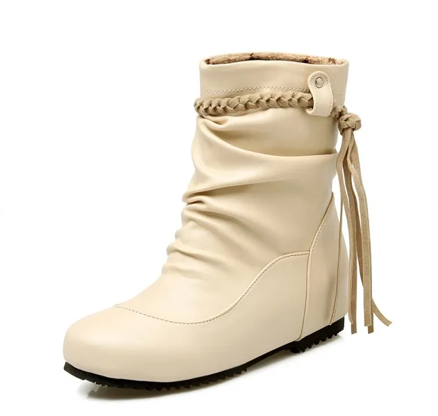 Botas Mujer/зимние ботинки; большие размеры 34-52; новые женские ботинки с круглым носком и пряжкой; Повседневная модная теплая зимняя обувь на каблуке; 504 - Цвет: Бежевый