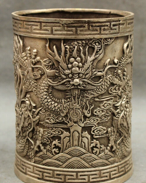 

JP S0114 Marked Chinese Folk Cultue Silver 5 Dragons Dragon Statue Brush Pot Pencil Vase