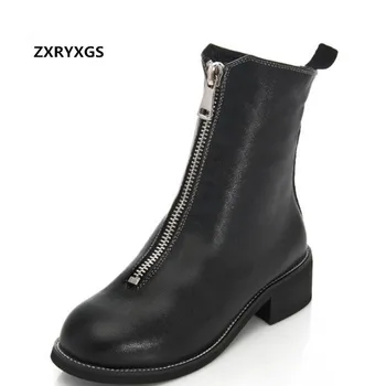 

2019 Newest British Wind front zipper Spring Sheepskin Leather Boots women boots Plus Velvet warm Winter Boots plus size 33-43