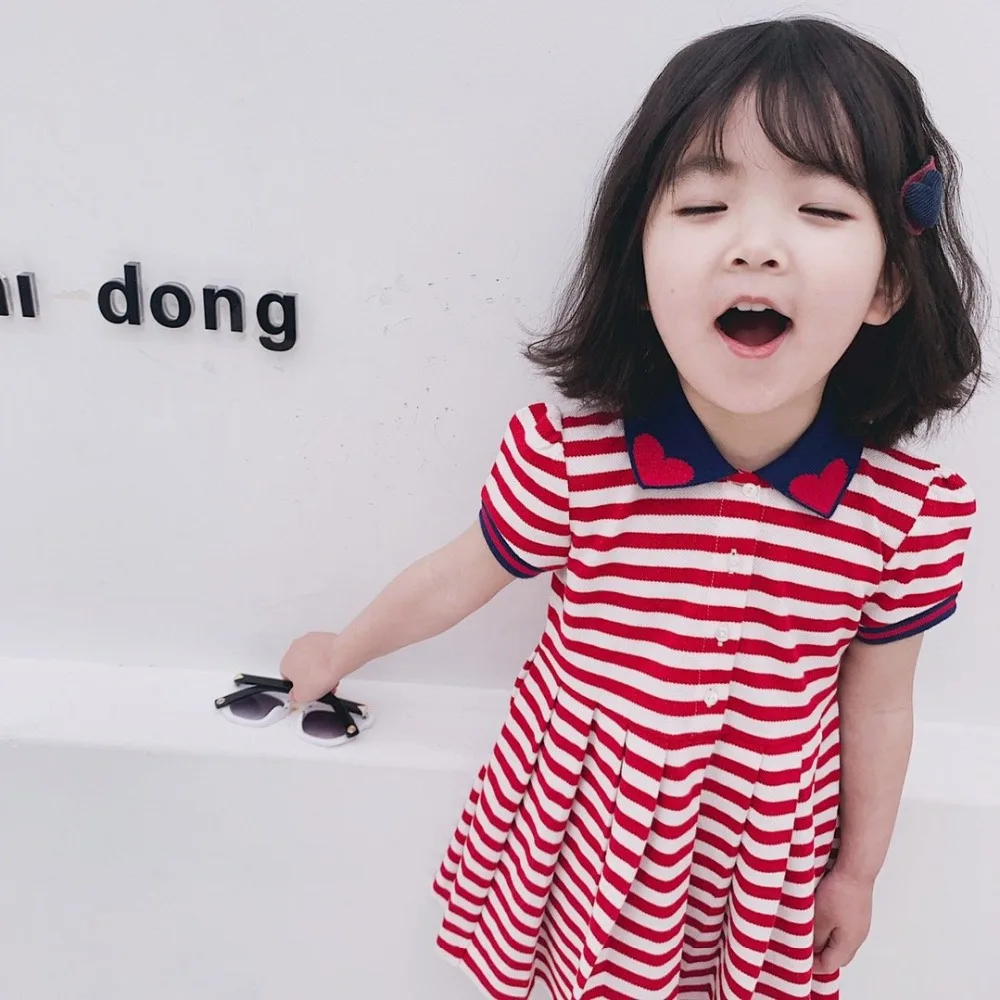 

Summer fashion girls tee dress baby dress kids casual clothes Children brand vestidos collar heart red white striped 2 to 11 yrs