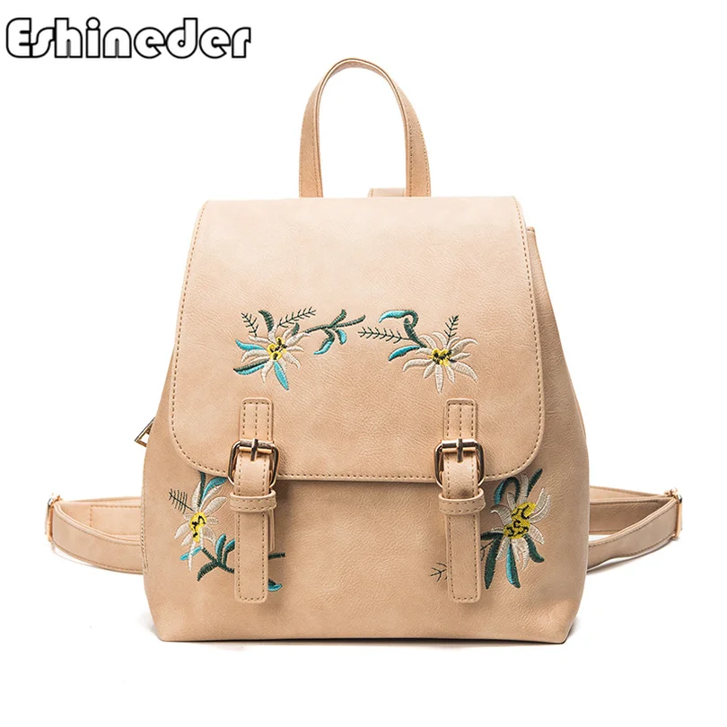 

Female School Bags For Girls New Women PU Leather Backpacks Retro Small Floral Embroidery Flowers Bagpack Mochila Feminina