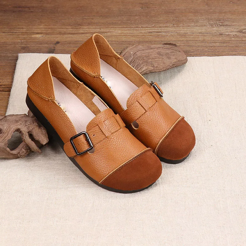 

Spring leather flat casual shoes comfortable soft bottom shoes shallow mouth round head word buckle single shoes retro art shoes