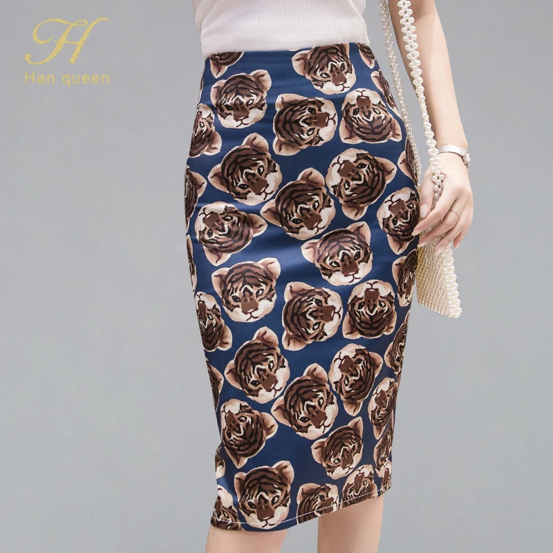 

H Han Queen Women's Korean Style High Waist Print Skirts 2019 Spring Summer Sheath Boodycon Skirt OL Animals Casual Pencil Skirt