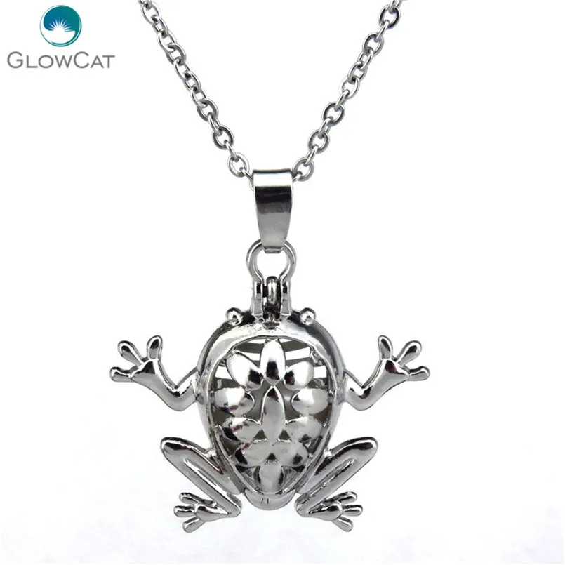 

K123 Silver Magnetic 31mm Frog Pearl Cage Locket Necklace Stainless Chain 18" Aroma Essential Oil Diffuser Locket