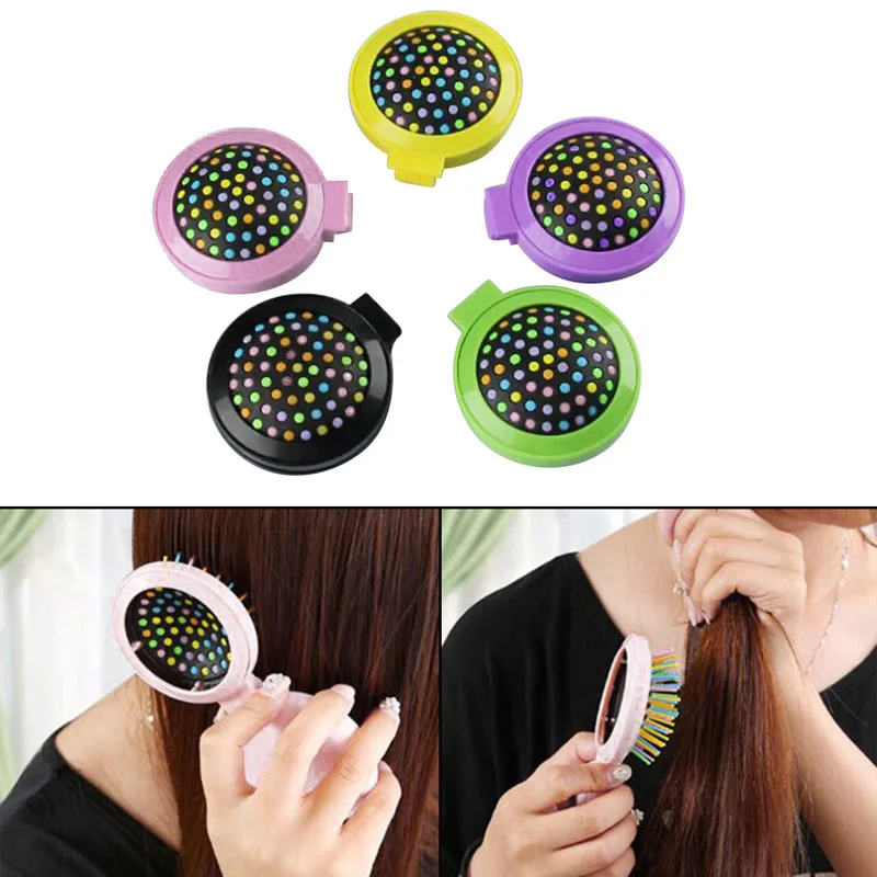

1x New Mini Round Folding Comb with Mirror Magic Health Massage Brush Hair Comb Mini rainbow folding comb