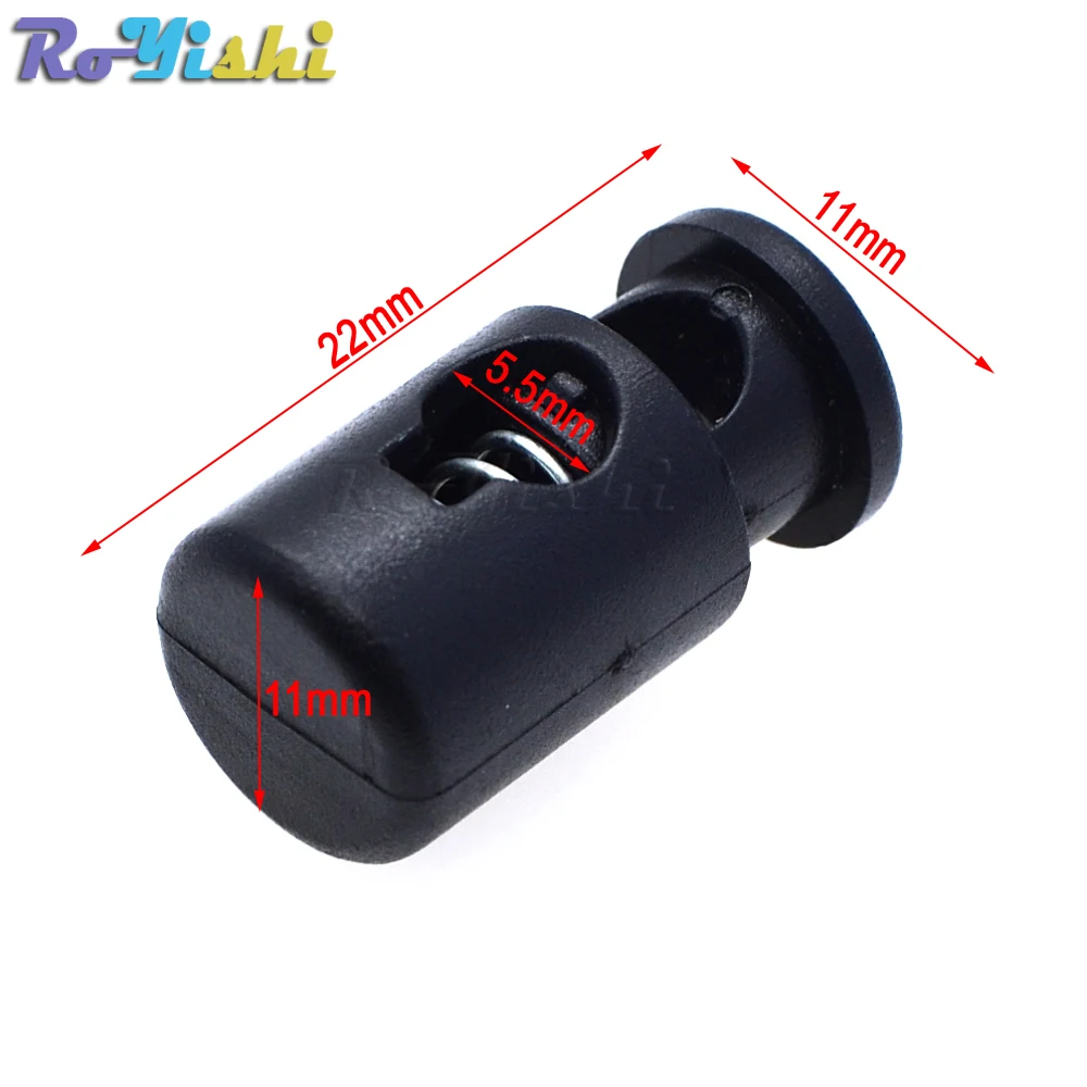 100pcs/pack Plastic Barrel Spring Cord Locks Stoppers Toggle Clip Buckle Black 22mm x 11mm x 11mm