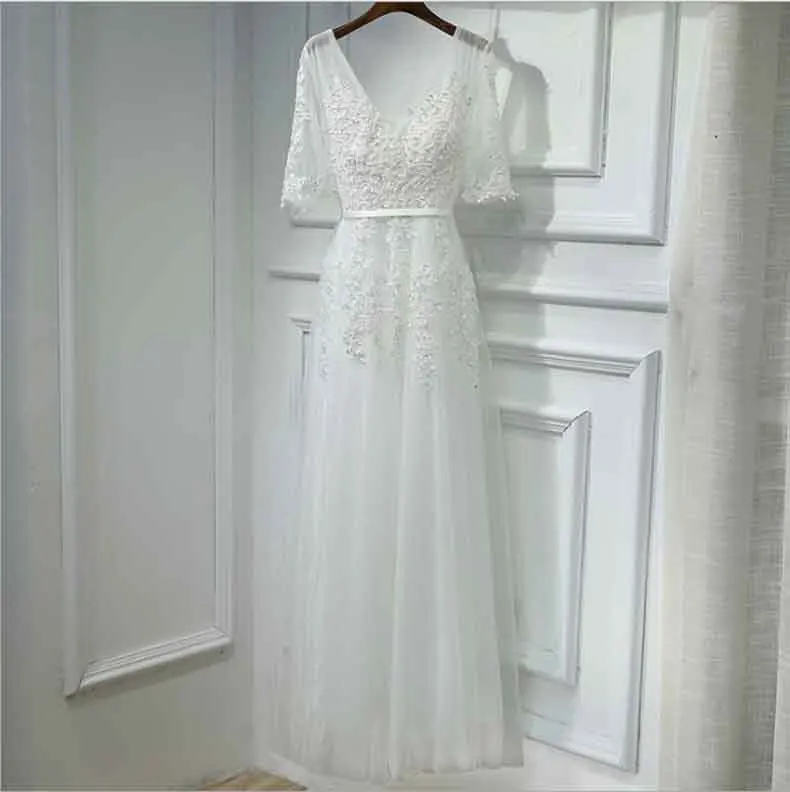 Серое вечернее платье женское свадебное кружевное платье с вышивкой для невесты красное ковровое платье для женщин темно-синее черное розовое красное размера плюс 5XL 4XL - Цвет: White Short Sleeve