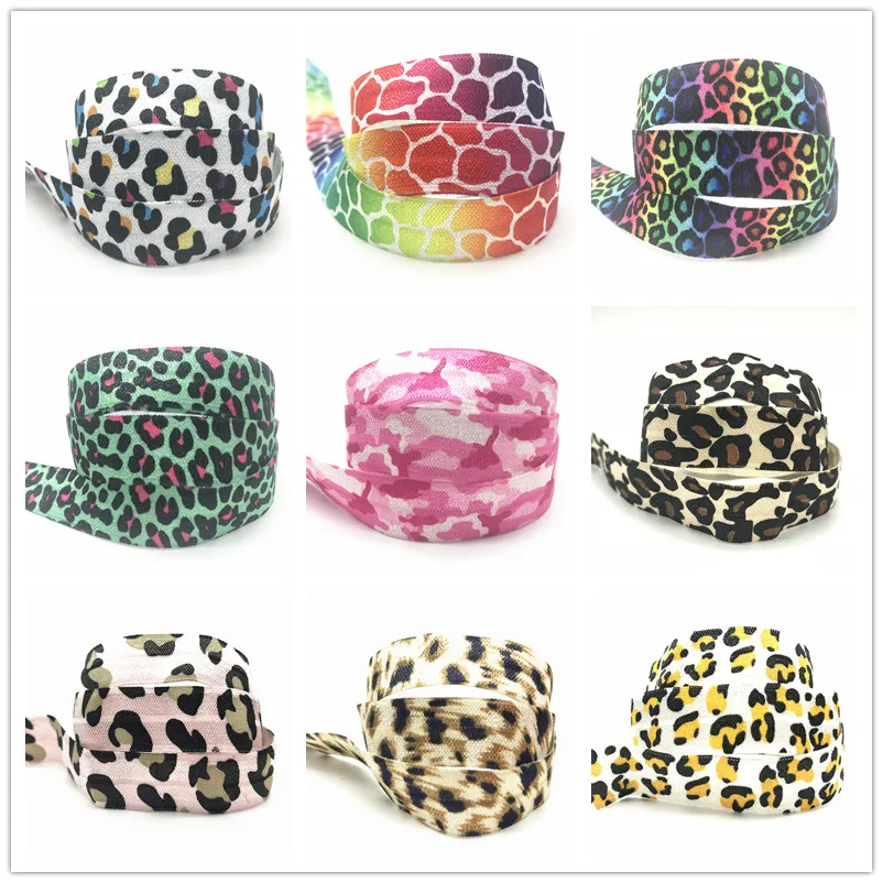 

New 12 colors 10Y 15mm Colorful Leopard Patterns Print Fold Over Elastic FOE Ribbon Webbing For Headwear Hair Sewing Accessory