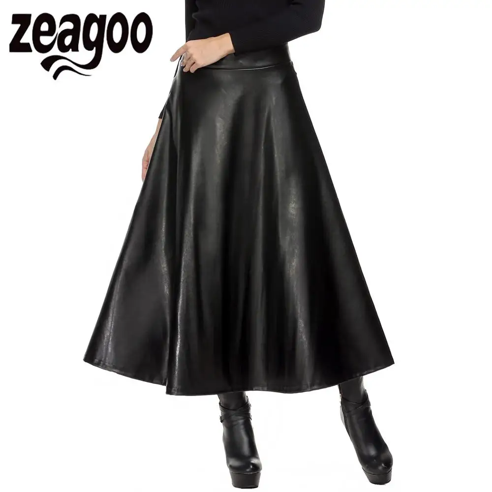 Zeagoo Для женщин с эластичной резинкой на талии из искусственной кожи до середины икры плиссированная юбка до середины икры Длина Однотонная повседневная обувь вечерние Миди-юбки Для Женщин Saia - Цвет: Style 2 Black