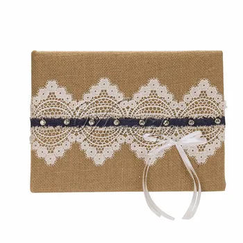 

Retro Burlap Wedding Guest Book With Lace Ribbons Bow for Party Reception Wedding Decor 25x16cm Wedding Favors Gifts